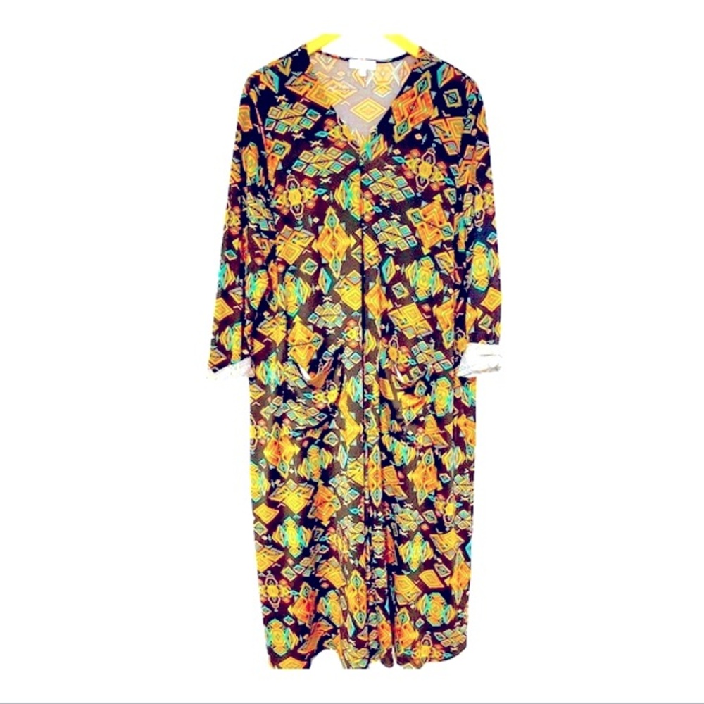Luluroe Midi Dress with geometric shapes. Black, orange, turquoise.